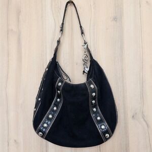 Vintage Genna De Rossi Hobo Bag Black Studded Suede Croc Trim Edgy Y2K Boho